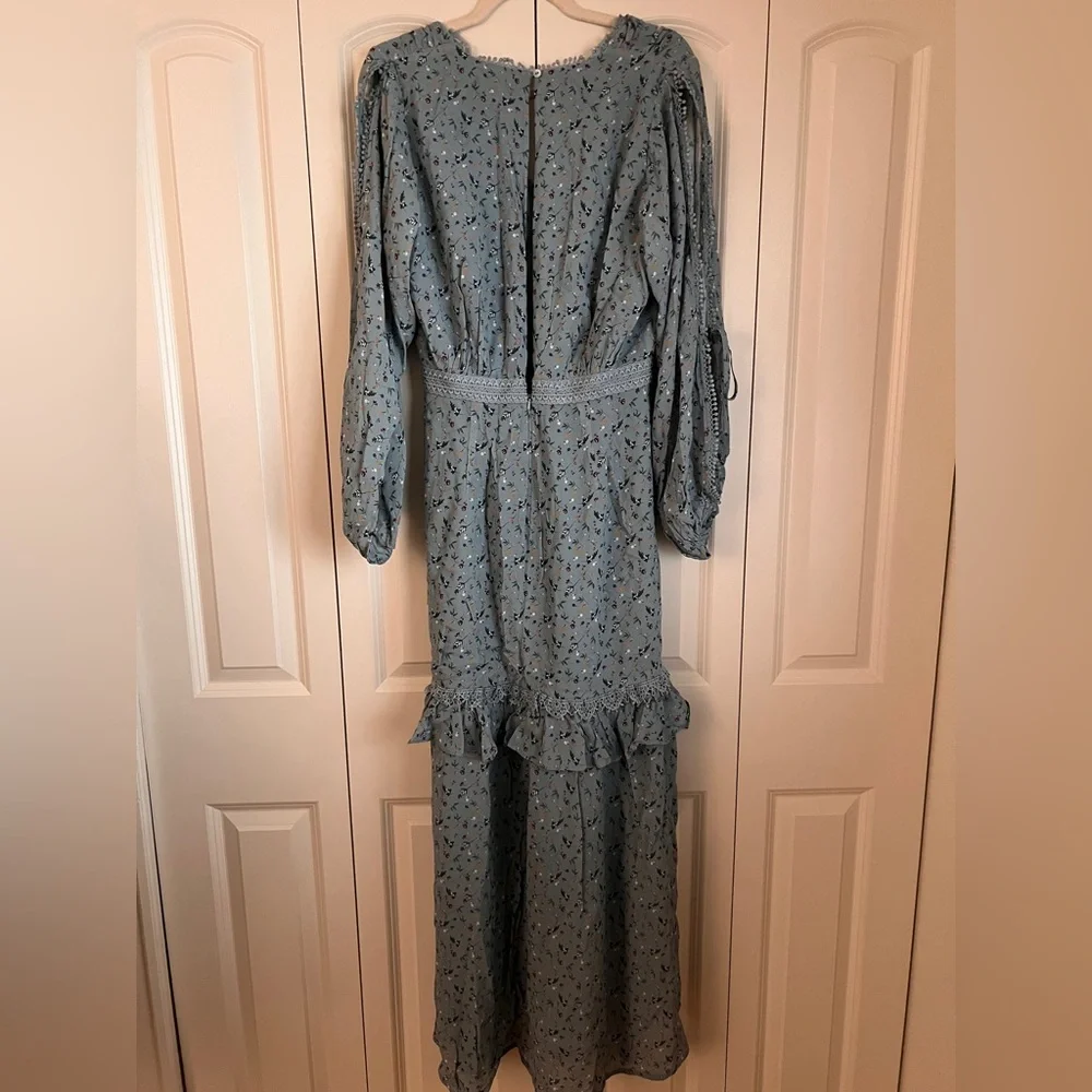 Stevie May Blue Ditsy Floral Maxi Dress Size M | Boho Ruffle Open Back